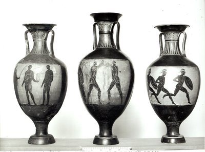 Three Panathenaic amphorae depicting an athlete receiving a trophy, Boxers and Athletes, 580-520 BC by Greek